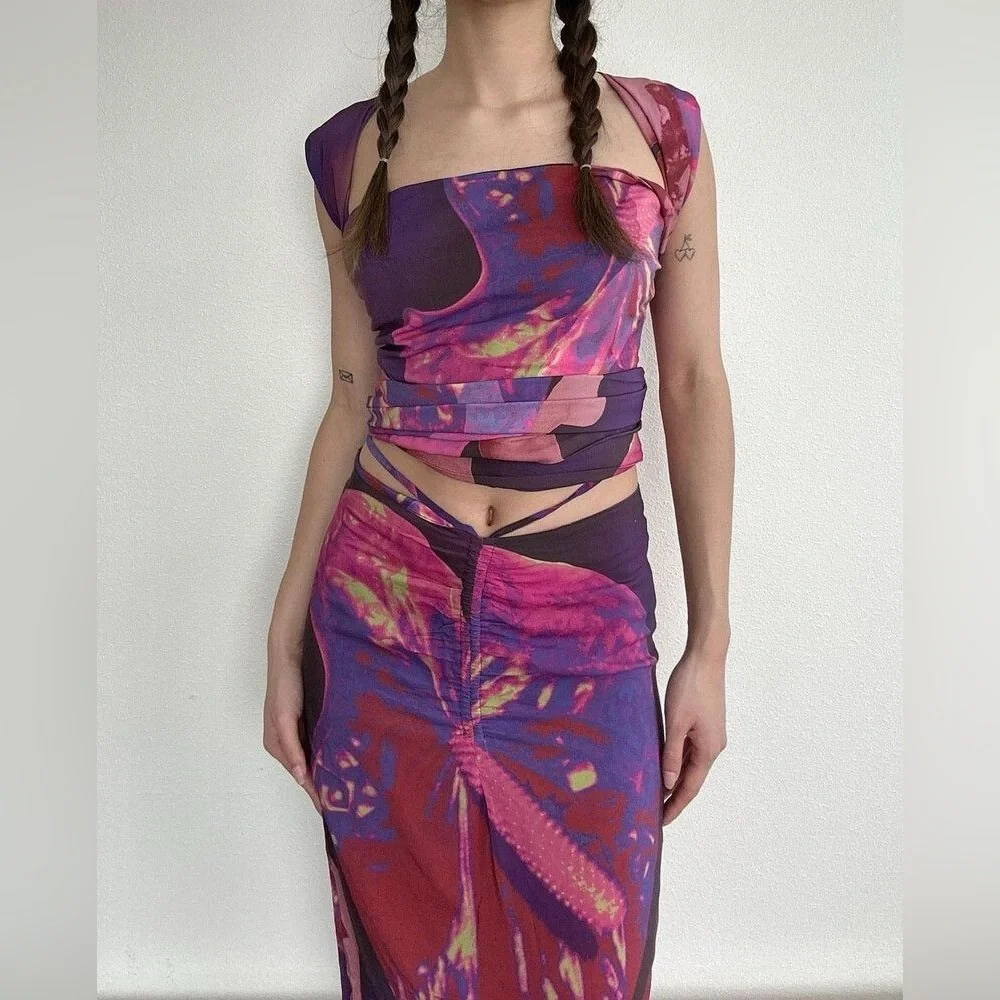 With Jean Naomi Purple Festival Rave Convertible Halter Wrap Midi Skirt Set XS - Picture 5 of 16